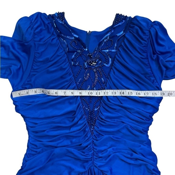 Vintage Claralura Royal Blue Disco Sequin Beaded Midi Dress 14 Ruching 70s 80s - Picture 4 of 10